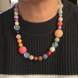 Vtg Multicolor Glass Bubble Gum Necklace Boho Silver Rainbow Graduated Whimsical